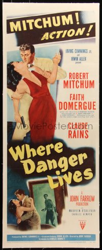 6z0159 WHERE DANGER LIVES linen insert 1950 Zamparelli art of Robert Mitchum holding Faith Domergue!