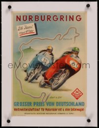 6z0223 GERMAN GRAND PRIX linen 12x17 German special poster 1955 art of motorcycles, canceled race!
