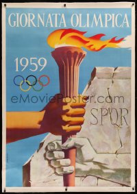 6z0050 GIORNATA OLIMPICA 1959 linen 39x55 Italian special poster 1959 Gregori art of torch pass!