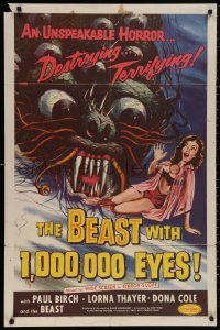 7a0297 BEAST WITH 1,000,000 EYES 1sh 1955 great art of monster attacking sexy girl by Albert Kallis!
