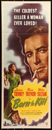 7a0267 BORN TO KILL insert 1946 noir art of smoking coldest killer Lawrence Tierney & Claire Trevor!
