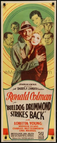 7a0340 BULLDOG DRUMMOND STRIKES BACK insert 1934 detective Ronald Colman, Loretta Young, ultra rare!