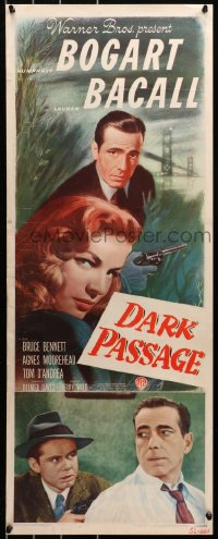 7a0269 DARK PASSAGE insert 1947 great c/u of Humphrey Bogart w/gun & sexy Lauren Bacall, very rare!