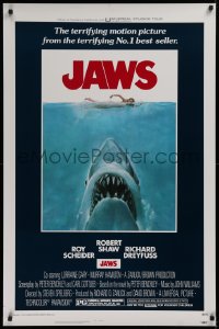 7a0092 JAWS 1sh 1975 classic man-eating shark attacking swimmer art, unfolded & excellent condition!