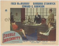 7a0424 DOUBLE INDEMNITY LC #3 1944 Fred MacMurray & Edward G. Robinson stare at Barbara Stanwyck!
