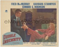 7a0427 DOUBLE INDEMNITY LC #6 1944 best image of smoking Barbara Stanwyck smiling at Fred MacMurray!