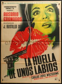 7a0157 LA HUELLA DE UNOS LABIOS Mexican poster 1952 art of smoking gun, lips & scared girl by Renau!
