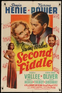 7a0324 SECOND FIDDLE style B 1sh 1939 c/u of ice skater Sonja Henie & Tyrone Power + Rudy Vallee!