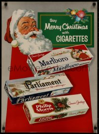 7a0079 SAY MERRY CHRISTMAS WITH CIGARETTES 19x26 advertising poster 1950s art of Santa & smokes!