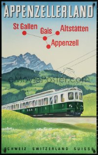 7a0068 APPENZELL RAILWAYS 25x40 Swiss travel poster 1950 art of train with mountains in background!