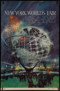 7a0056 NEW YORK WORLD'S FAIR 28x43 travel poster 1961 art of the Unisphere & fireworks by Bob Peak!
