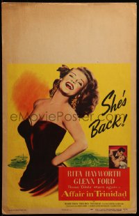 7a0383 AFFAIR IN TRINIDAD WC 1952 best art of sexiest Rita Hayworth laughing in low-cut dress, rare!
