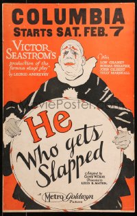 7a0393 HE WHO GETS SLAPPED WC 1924 art of Lon Chaney in full clown make up, Victor Sjostrom, rare!