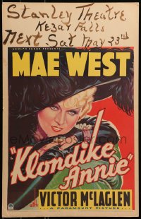 7a0396 KLONDIKE ANNIE WC 1936 great close up art of sexy Mae West in elaborate outfit & hat, rare!