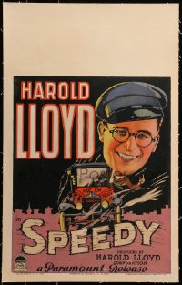 7a0406 SPEEDY linen WC 1928 great cartoon art of speed demon Harold Lloyd driving taxicab in New York City!
