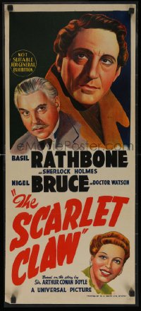 7b0057 SCARLET CLAW LAMINATED Aust daybill 1944 Rathbone as Holmes, Bruce as Watson, very rare!