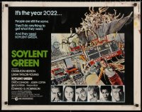 7b1286 SOYLENT GREEN 1/2sh 1973 art of Charlton Heston trying to escape riot control by John Solie!