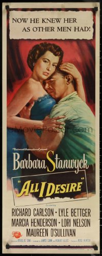 7b1324 ALL I DESIRE insert 1953 close up art of Richard Carlson & Barbara Stanwyck embracing!