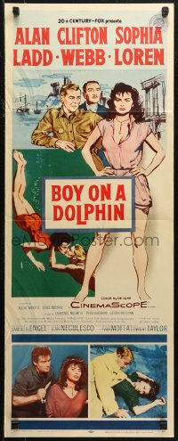 7b1345 BOY ON A DOLPHIN insert 1957 art of Alan Ladd & sexiest Sophia Loren, Clifton Webb!