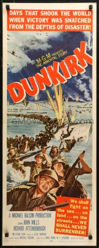 7b1370 DUNKIRK insert 1958 great World War II art of thousands of armed soldiers evacuating the city!