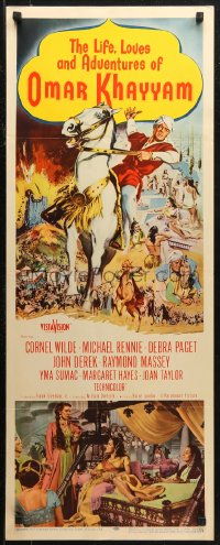 7b1428 LIFE, LOVES & ADVENTURES OF OMAR KHAYYAM insert 1957 artwork of Cornel Wilde on horseback!
