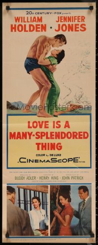 7b1433 LOVE IS A MANY-SPLENDORED THING insert 1955 romantic art of William Holden & Jennifer Jones!