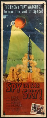 7b1515 SPY IN THE SKY insert 1958 the enemy that watches behind the veil of space, rocket launch art