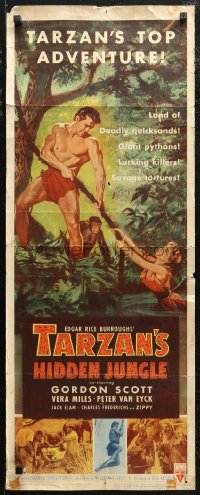7b1524 TARZAN'S HIDDEN JUNGLE insert 1955 art of Gordon Scott & Zippy the chimp rescuing Vera Miles!
