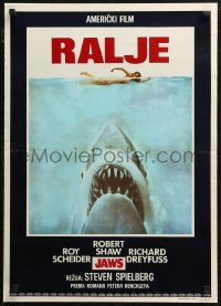 7b0420 JAWS Yugoslavian 20x28 1975 Spielberg's classic man-eating shark attacking swimmer, Ajkula!