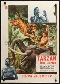 7b0466 TARZAN & THE LEOPARD WOMAN Yugoslavian 20x28 1973 art of Johnny Weissmuller fighting lion!