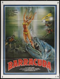 7c0854 BARRACUDA French 1p 1979 great Marty art of huge killer fish attacking sexy diver in bikini!