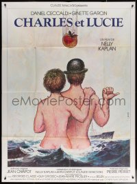 7c0914 CHARLES & LUCIE French 1p 1980 Michel Landi art of naked couple hitchhiking in the ocean!