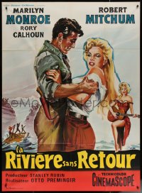 7c1340 RIVER OF NO RETURN French 1p R1960s Belinsky art of Mitchum holding sexy Marilyn Monroe!