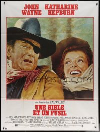 7c1345 ROOSTER COGBURN French 1p 1976 great art of John Wayne with eyepatch & Katharine Hepburn!
