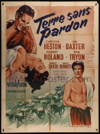 7c1422 THREE VIOLENT PEOPLE French 1p R1960s Roger Soubie art of Charlton Heston & sexy Anne Baxter!