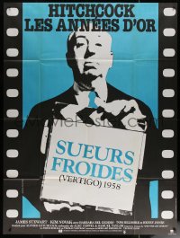 7c1449 VERTIGO French 1p R1983 great full-length image of Alfred Hitchcock holding clapboard!