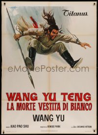 7c0044 BLOOD OF THE DRAGON Italian 1p 1973 cool Ciriello kung fu art of man with spear in mid air!