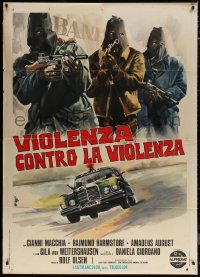 7c0047 BLOODY FRIDAY Italian 1p 1973 Avelli art of three masked men robbing bank + police car, rare!