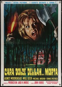 7c0087 DEAR DEAD DELILAH Italian 1p 1974 Piovano art of scared girl over creepy house in the woods!