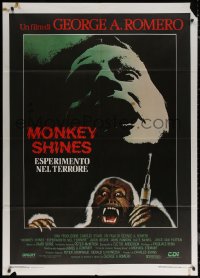 7c0255 MONKEY SHINES Italian 1p 1988 different art of creepy monkey w/ syringe + scared girl, rare!