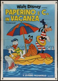 7c0293 PAPERINO E C IN VACANZA Italian 1p 1977 Donald Duck, Goofy & Pluto on raft by shark, Disney!