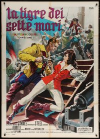 7c0396 TIGER OF THE SEVEN SEAS Italian 1p 1962 Deseta art of female pirate fighting man on ship!