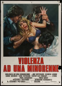 7c0401 TRACKDOWN Italian 1p 1976 Ciriello art of 3 men manhandling & kidnapping half-naked blonde!