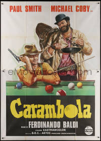 7c0486 CARAMBOLA Italian 2p 1974 wonderful spaghetti western art of cowboys sitting at pool table!