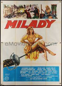 7c0535 FOUR MUSKETEERS Italian 2p 1976 different art of tiny sexy Raquel Welch on giant sword, rare!