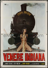 7c0628 NAKED IN THE SUN Italian 2p R1970s wild art of naked Native American girl tied to train tracks!