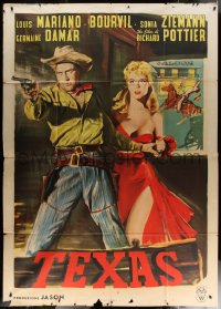 7c0680 SERENADE OF TEXAS Italian 2p 1959 art of French cowboy protecting sexy blonde, very rare!