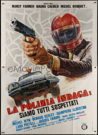 7c0703 SUSPECTS Italian 2p 1975 art of man wearing helmet & pointing gun + police car, rare!