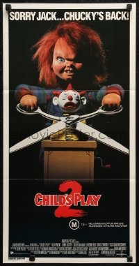 7d0344 CHILD'S PLAY 2 Aust daybill 1990 great image of Chucky cutting jack-in-the-box with scissors!