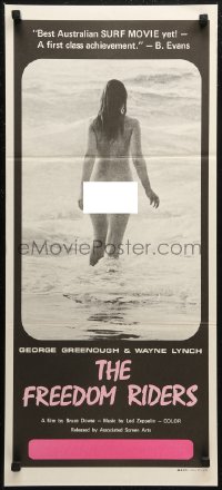 7d0385 FREEDOM RIDERS Aust daybill 1972 completely naked Aussie surfer girl, black design!